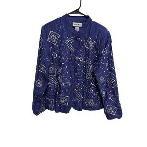 Indigo Moon Sequin Beaded Embellished Jacket Blue Silver Sz Large Classic Retro
